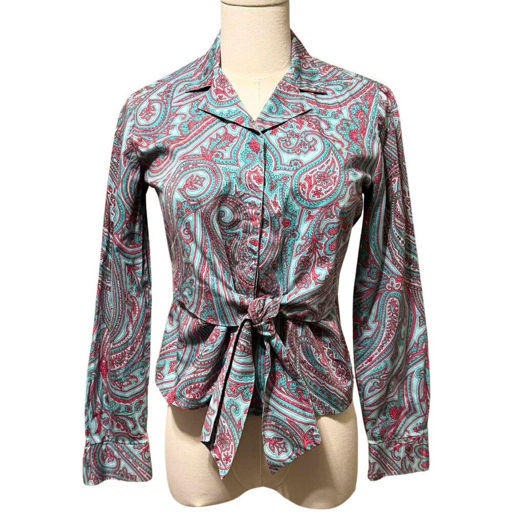 Jones New York Signature Paisley Button Bow Tie Waist Blouse | Size PP / XS Top